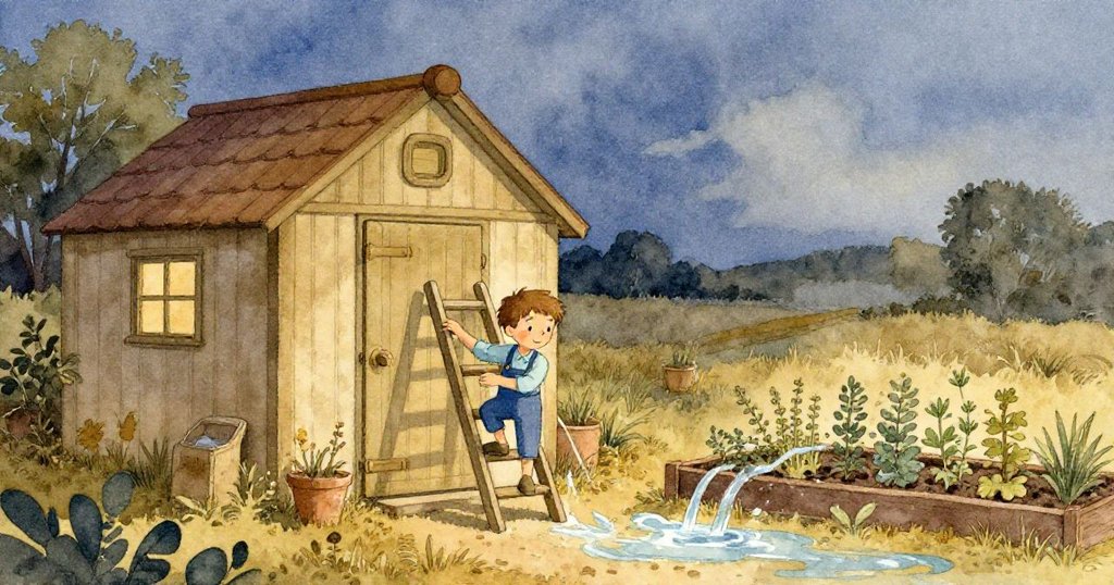 傍晚時分，Quinn在小屋內搬動梯子，溫暖光線與長影交織，靜靜看著水流向草藥床流動，充滿寧靜感。