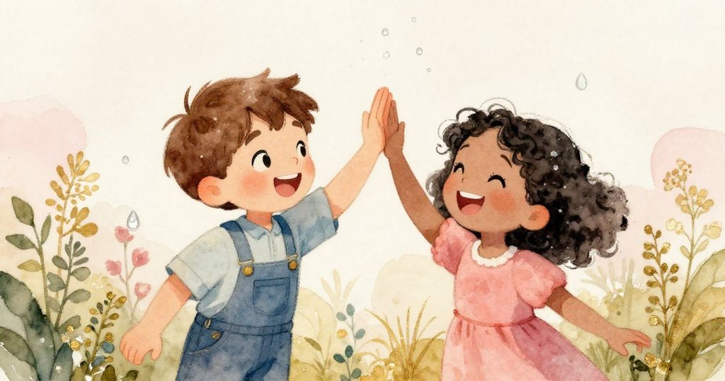 Quinn與朋友在草藥床邊歡慶成功，彼此擊掌微笑，水珠閃爍於身旁，充滿喜悅與友愛氣氛。