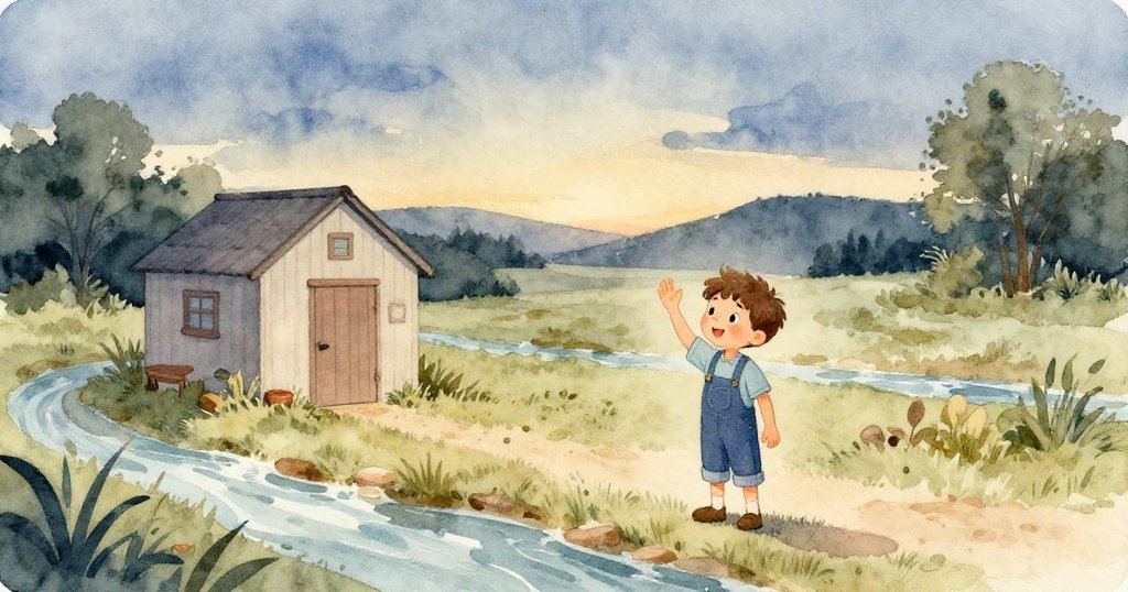 黃昏時分，Quinn在戶外向小屋和流水揮手告別，眼中充滿溫柔回憶，背景展現溫暖柔和的暮光景色。