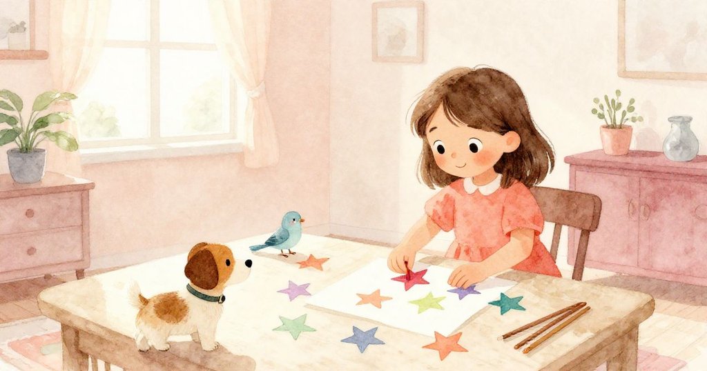 在溫暖晨光中,Olive忙碌於充滿紙星藝術桌旁,有小狗和小鳥圍繞,場景熱鬧且充滿期待。