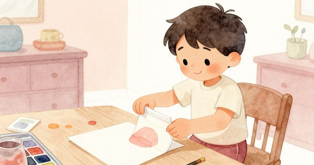 Cole專注地打開紙包,手中握著即將變成星星的正方形紙張,背景溫馨,展現創造的神奇過程。