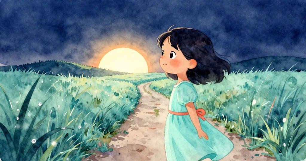 露娜在晨曦中走在狹窄的農徑上, 手提六個鬆餅的籃子, 背景有明亮日出, 表情充滿期待。