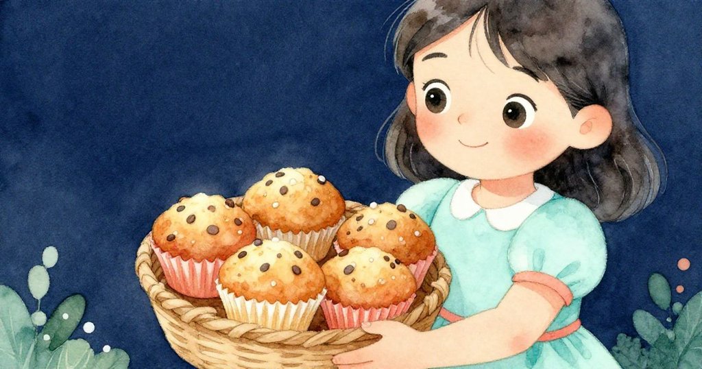 露娜近拍展示手持籃子及六個鬆餅, 溫暖光影中突顯物品細節, 表情溫柔充滿期待。