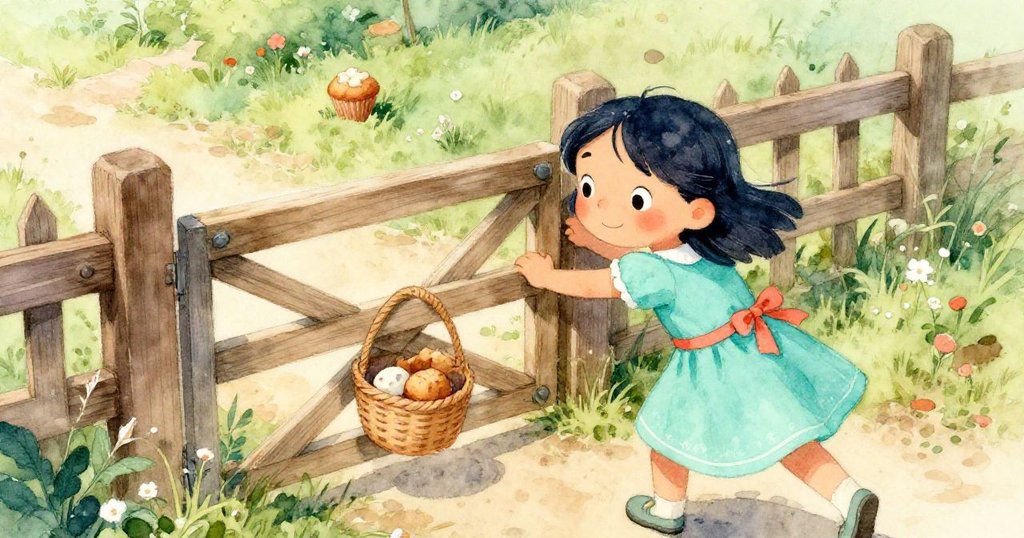 高角度視角下露娜努力推開木門, 眉宇間透露著堅定與挫折, 籃子邊鬆餅滑落, 農場背景映襯。