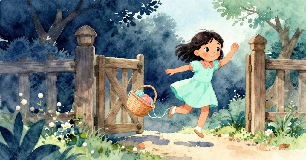 從高處視角看露娜因線球絆住腳踝而跳躍, 線條鮮明牽引至木門, 戶外農場背景中透出驚奇。