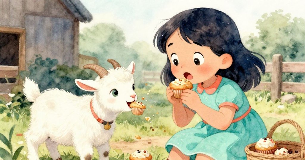 露娜目光驚訝卻帶笑注視著小山羊輕啃落在地鬆餅, 她身旁籃子敞開, 農場溫柔背景襯托情感。