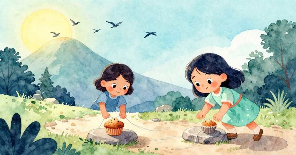 露娜在開放小徑上將最後一個鬆餅放於平石, 綁好散落線球後展望前方, 臉上洋溢著新的希望與決心。