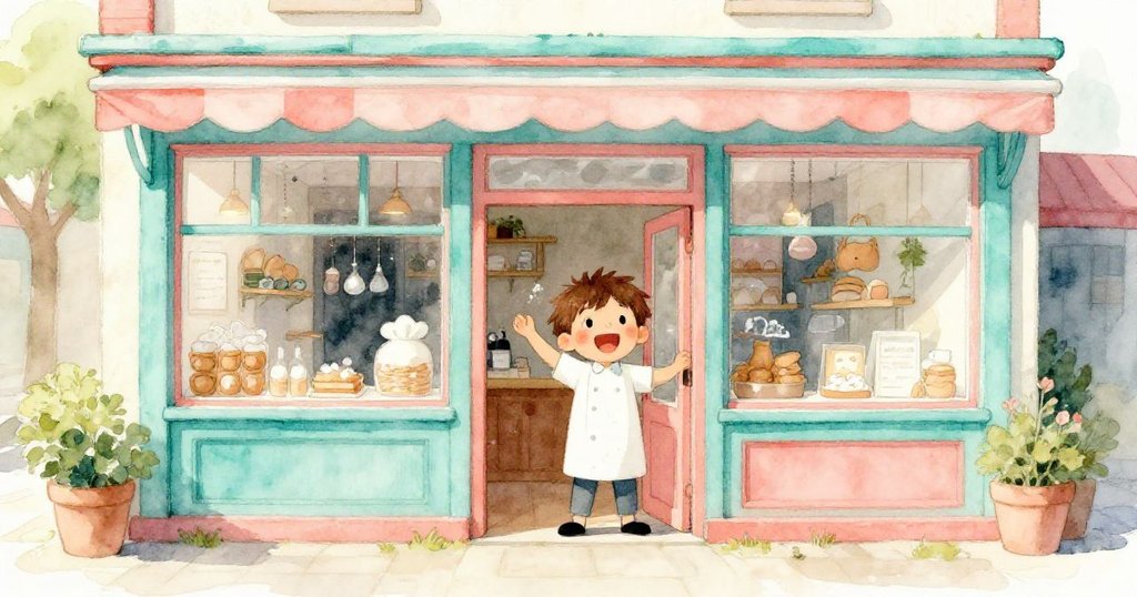 布雷克站在溫暖的麵包店門口，興奮揮手，外景展示小店與明亮晨光，故事美好開始。