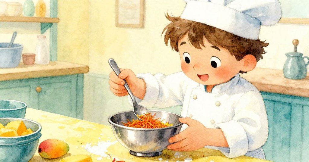 布雷克專心檢查發亮不銹鋼碗與橙色藏紅花湯匙，手勢細膩，溫馨廚房中轉折展開。