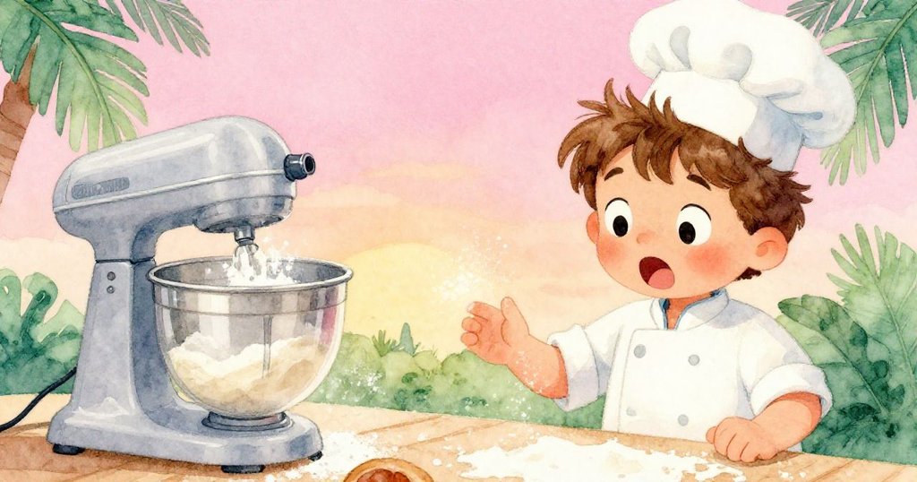 布雷克分割畫面中一邊注視攪拌機停頓落麵粉，一邊臉上靈感閃現，呈現動態轉折。