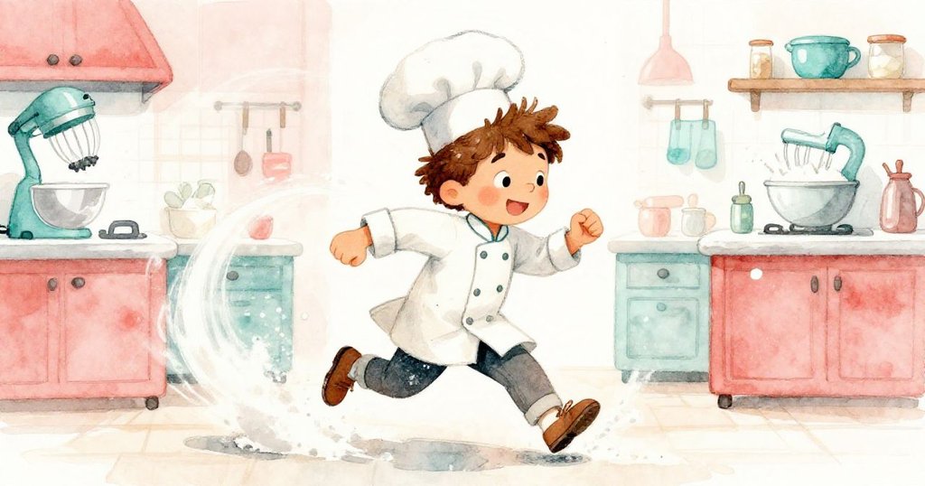 布雷克急速奔向烤箱，麵粉在空中旋舞，動態場面展現追求完美麵包的迫切心情。