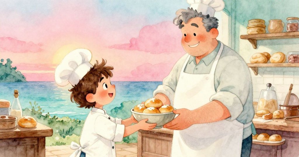 布雷克滿懷驕傲將金色麵團呈給和藹大師，溫馨廚房中雙方分享創新食譜，展現成功喜悅。