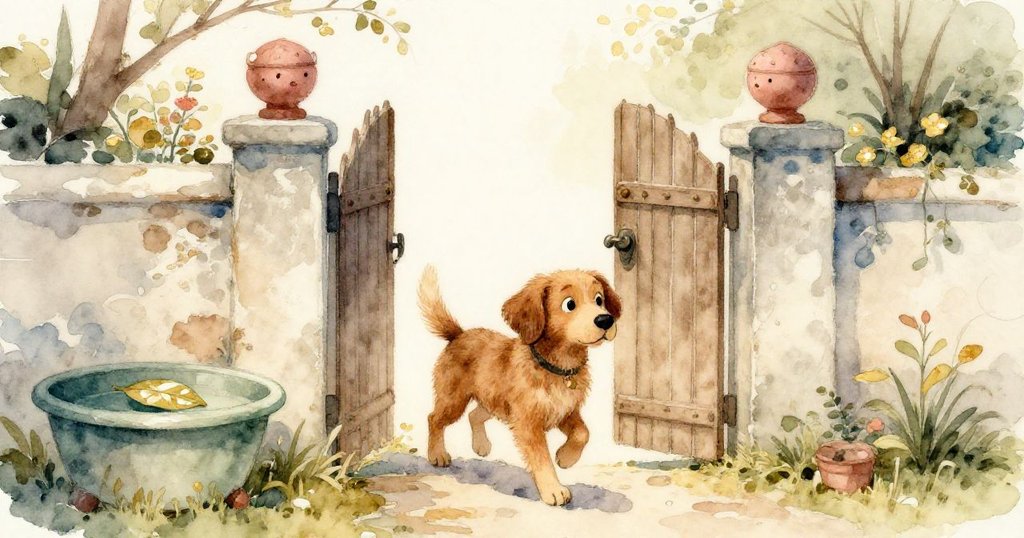 Troy 狗興奮踏出花園門,走進被晨光洗禮的小院,遠處綠盆中有閃亮葉子,充滿期待氣氛。