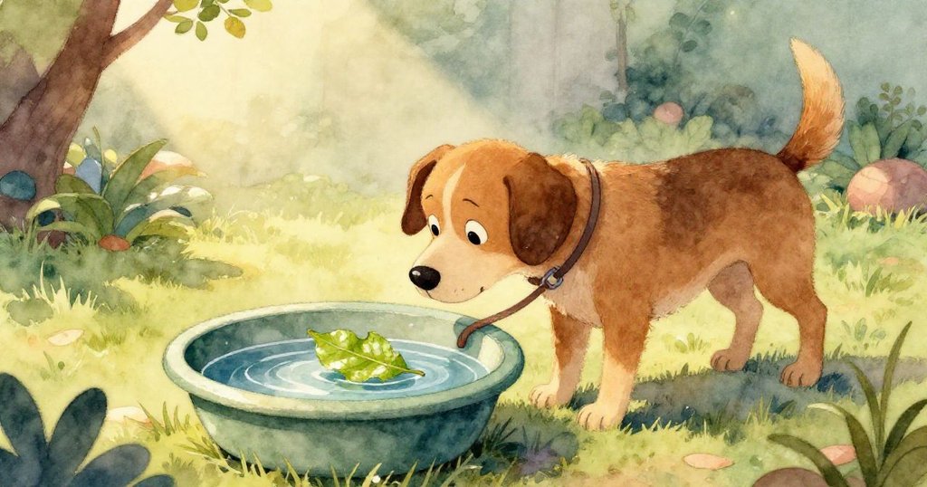 Troy 狗特寫眼神專注注視盆中閃亮葉子,眼中流露出驚奇與好奇,情感豐富細膩。