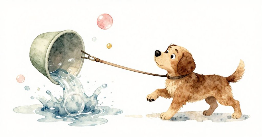 高角度展現Troy 狗被牽引中斷步伐,盆子傾斜溢水,水花與泡環灑落溫暖石面,動態十足。