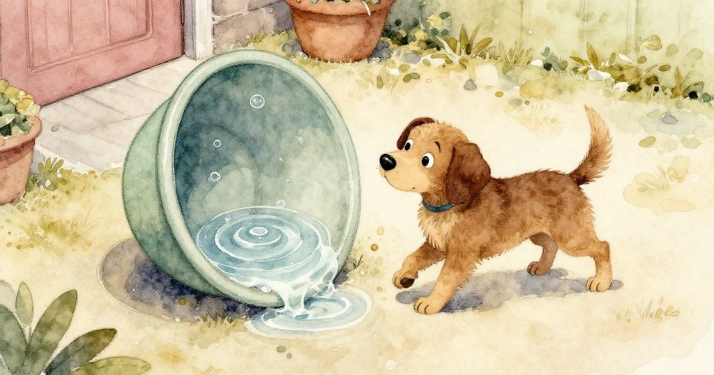 從高處俯瞰小院,展現傾斜盆子中水花與泡環,Troy 狗靈活換位,背景細膩光影交錯,寧靜恢復。