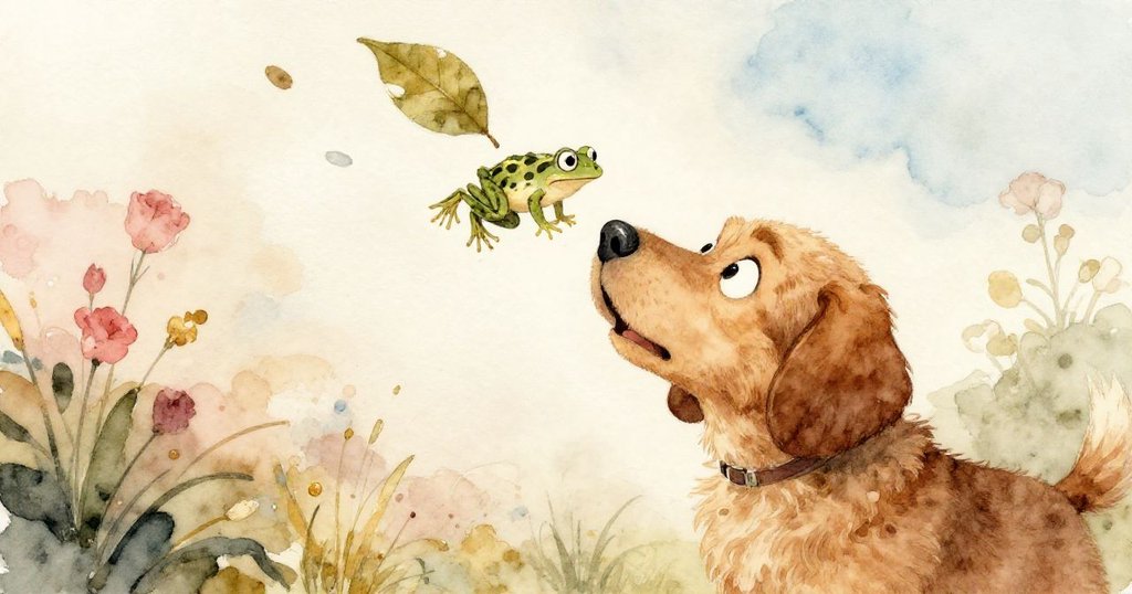 草叢邊Troy 狗驚訝目光中,一隻小青蛙從浮葉猛跳落鼻,神情兼具驚奇與調皮,細節生動。