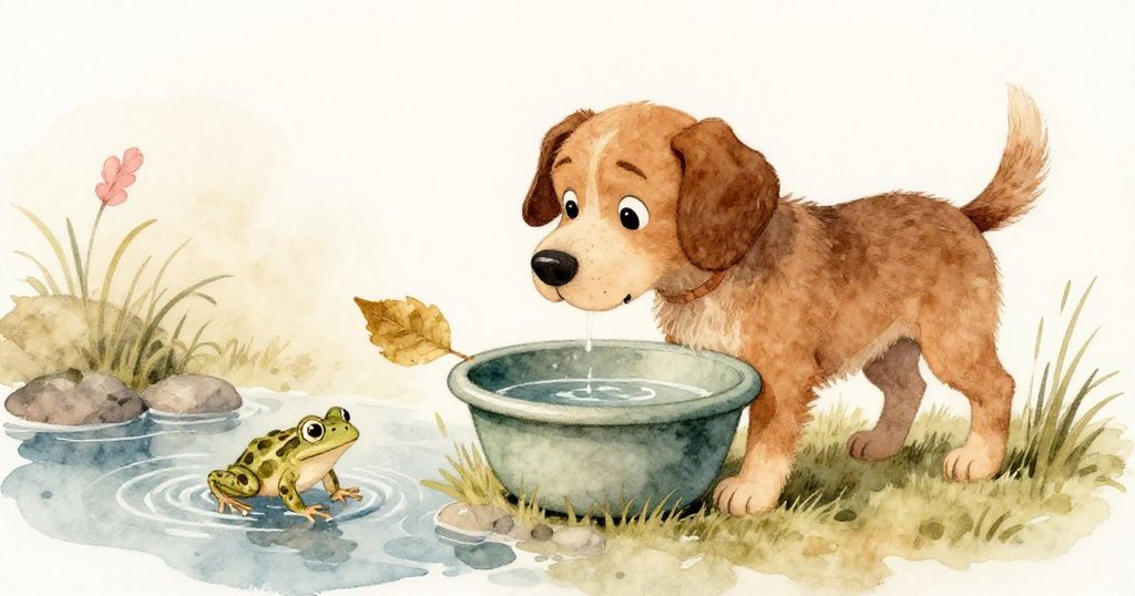 平靜結局中Troy 狗溫柔觸碰浮葉,小青蛙悄然隱入草中,盆旁石上留淡水痕,景致寧和安詳。