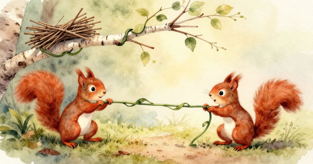 紅松鼠站在樺樹枝上，輕握綠藤於靜謐林間，暮色柔和，充滿期待與平靜。