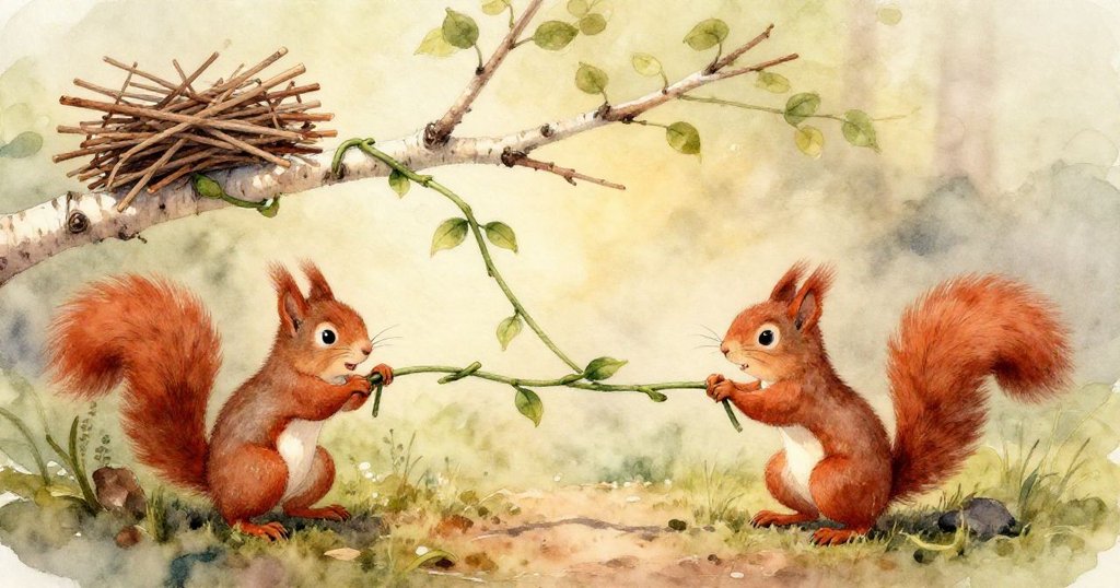 紅松鼠特寫眼神聚焦於纏繞的綠藤，神情充滿決心與專注，背景隱約呈樹林。