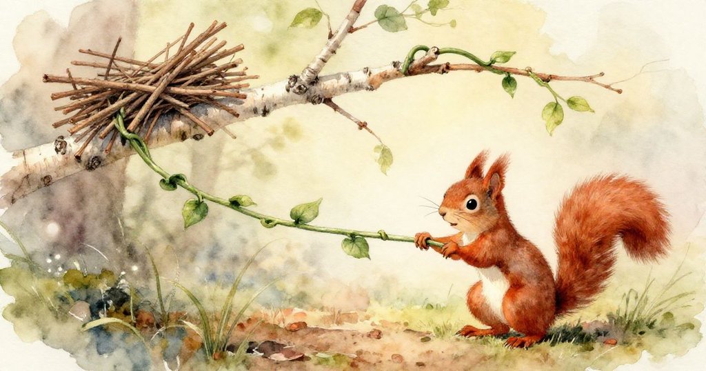 綠藤急速上揚，其動態倒映於樹下積水中，樺樹枝彎曲，紅松鼠靜觀自然律動。