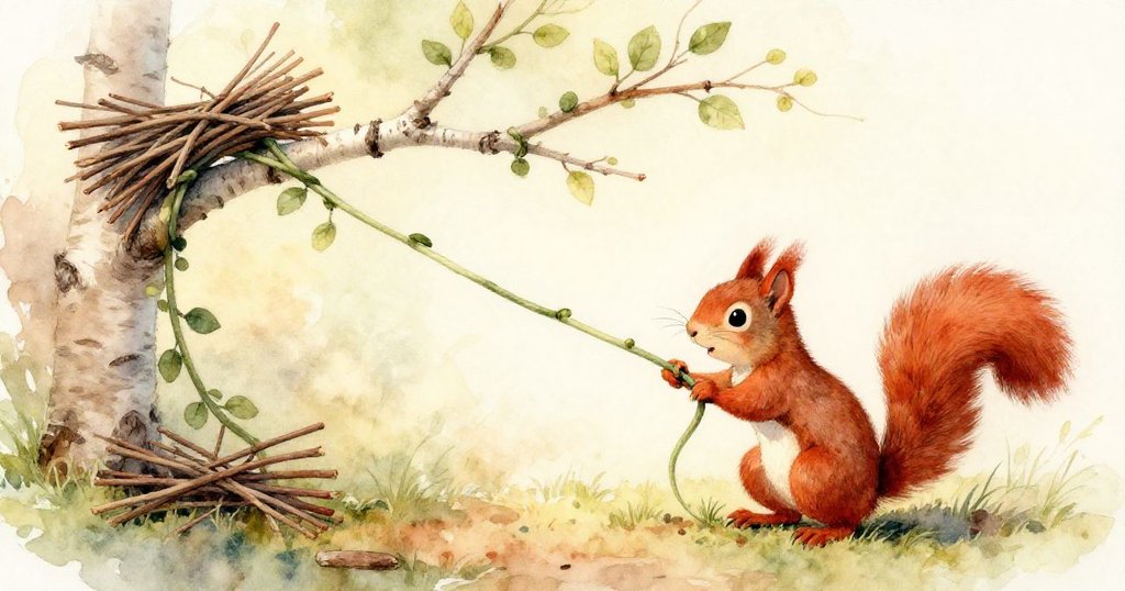 隨著綠藤猛然釋放，樺樹枝揮舞擊中枯枝，松果被高高拋起，秋意濃厚，動感十足。