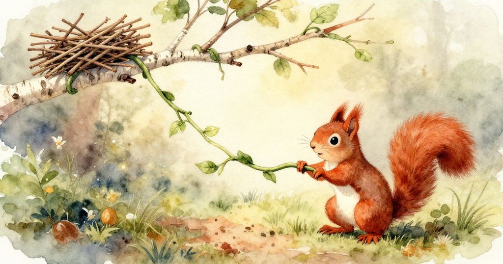 毛茸茸鼴鼠從土中湧出攔截滾動松果，蟋蟀驚跳躲避，紅松鼠自枝上緊張觀望，情節生動。