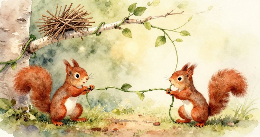 紅松鼠安坐樺樹枝上，尾巴輕擺於柔軟土堆和飄落樹葉間，森林恢復寧靜，情緒平和，結局溫馨。