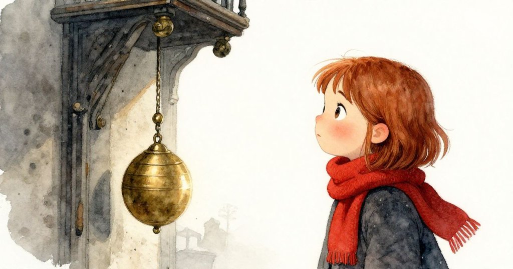 Hazel站在半暗樓梯上凝視緩慢擺動的鐘擺，灰塵隨光線閃爍，神情平靜與期待，場景呈現古老塔樓內部。