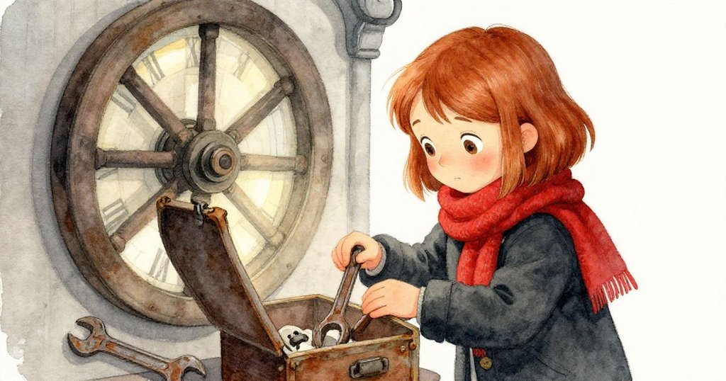 Hazel仔細檢視打開的工具箱，生鏽扳手映入眼簾，她在古老塔樓內流露好奇與專注，工具箱彷彿藏著秘密。