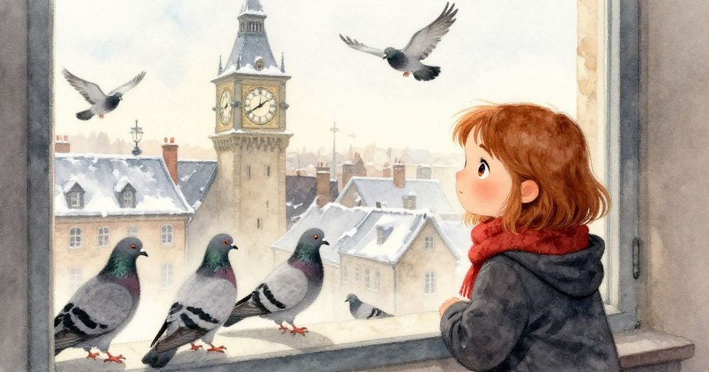 Hazel從狹窄窗戶望出去，見鴿子在窗台上歇息，覆霜城屋閃耀光芒，景色寧靜詩意。