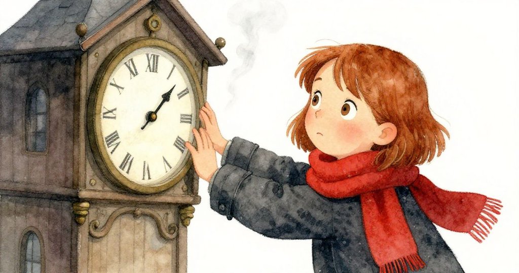 Hazel面露猶豫與決心，手指試探推動抗拒的鐘針，機械冷峻環境中隱約冒出蒸汽，情感複雜。