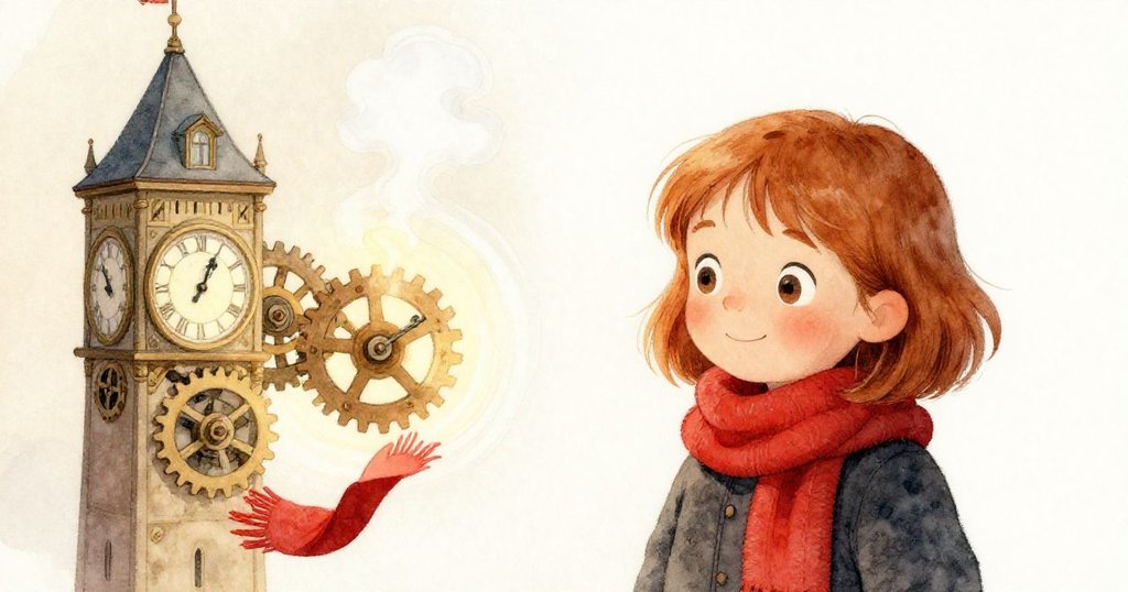 Hazel微笑迎接熱蒸汽，蒸氣繞著齒輪流動，她的溫暖神情傳達出克服寒冷的希望與舒展。