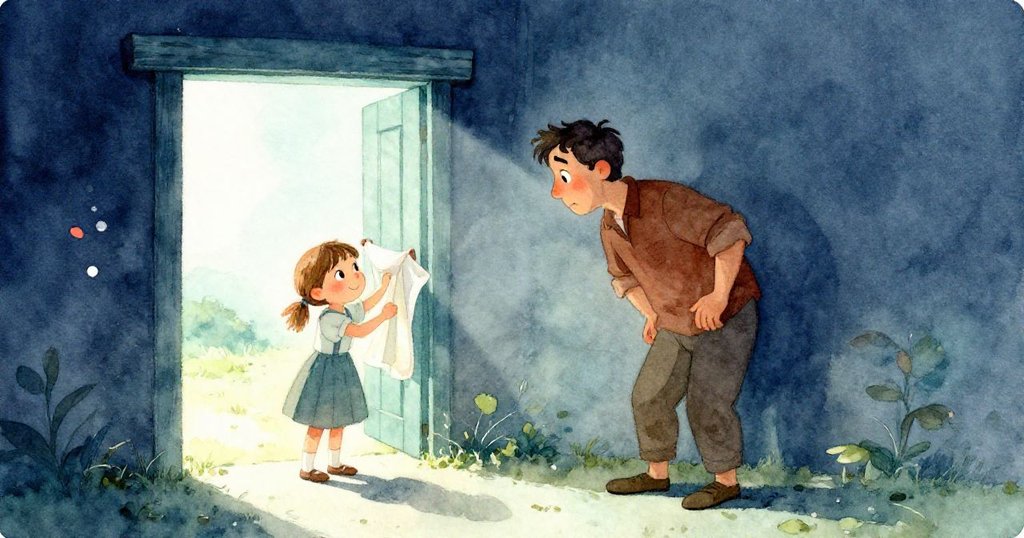 在晨光微曦中,格蘭特於古舊門口注視皮婭輕拉濕布,牆面細節豐富,神情流露好奇與溫柔。