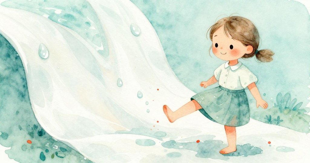 皮婭不慎微踉,輕整疊放濕紙,特寫展現水滴與紙質細節,背景留白,情緒流露俏皮神秘。