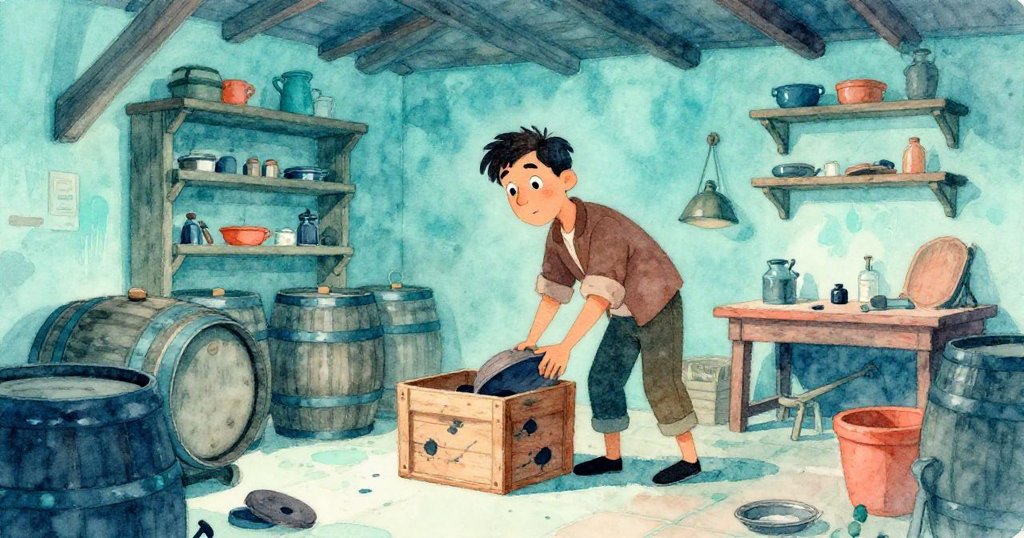 格蘭特在昏暗作坊中細查桶與工具櫃,撥開布袋露出墨痕箱子,環境古樸神秘,充滿探索氣息。