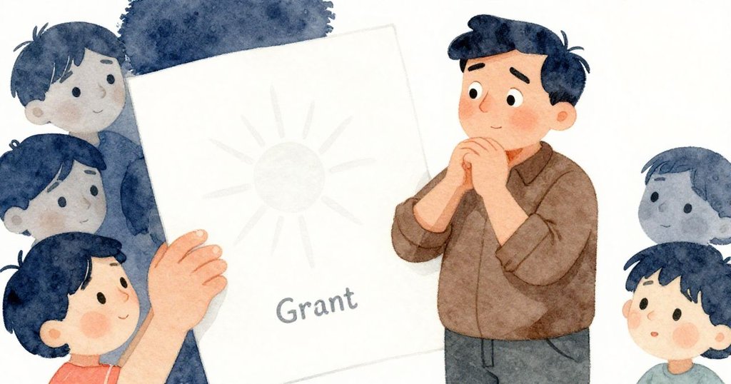 格蘭特手持新壓紙張,近鏡展現其驚奇與內心矛盾情感,水印隱現於紙面,光線柔和。