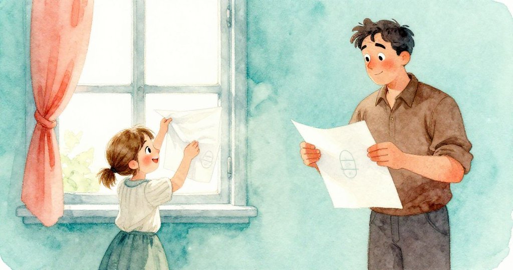 皮婭於明亮窗邊掛紙,格蘭特輕觸水印沉思,窗外磨坊輪聲迴響,溫暖光影中隱藏記憶與發現。