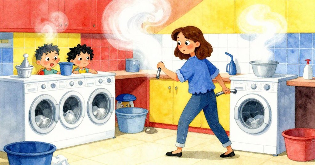 克拉拉在熱氣蒸騰的洗衣房中拉動把手，眾多衣物旋轉飛舞，表情專注，室內溫暖明亮充滿動感。