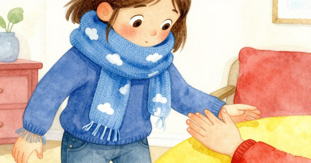 克拉拉輕撫藍色圍巾，細緻的白雲圖案流露思慕，溫柔動作中充滿回憶與情感。