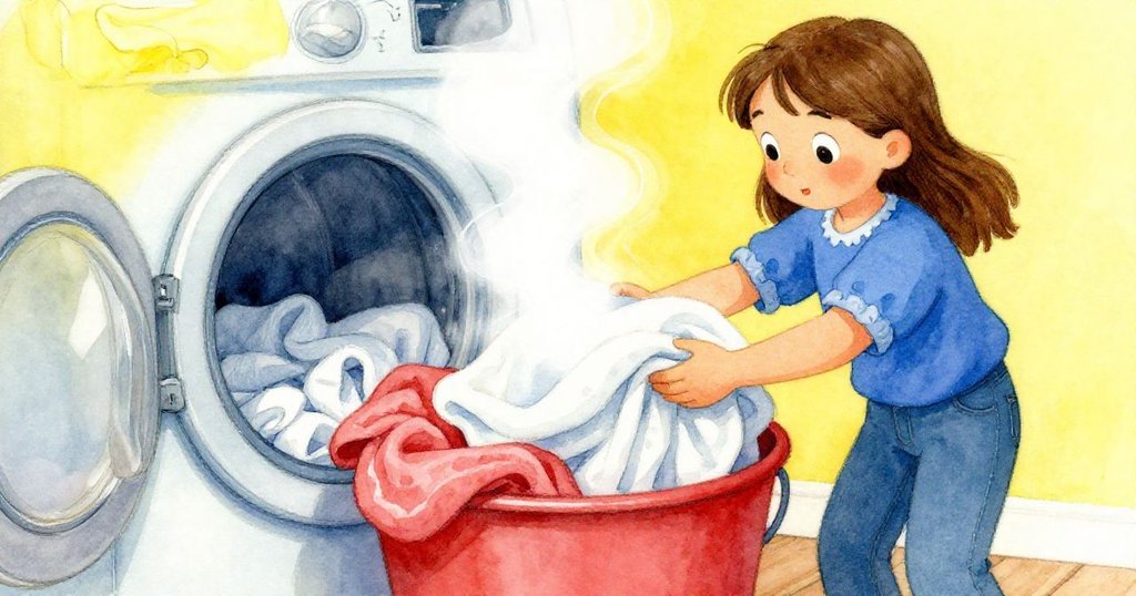 克拉拉在傾斜視角中折疊衣物，機器鼓轉動中衣物層疊交錯，動靜結合展現豐富細節。