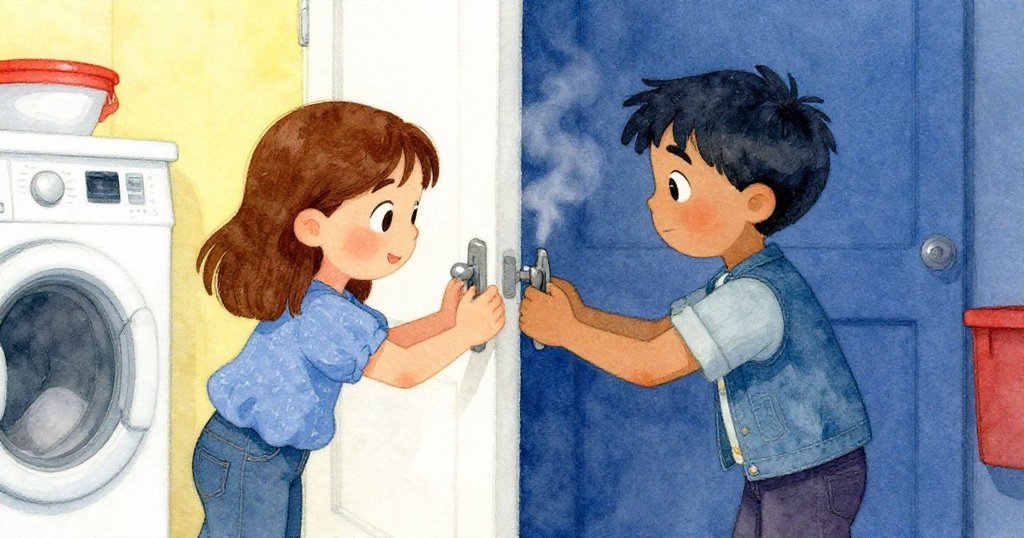 克拉拉與格蘭特於半開門前攜手推動門閂，蒸氣與涼風交織，情感流露合作與期待。