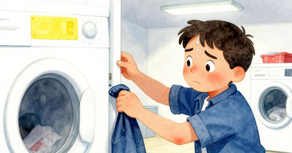 格蘭特急切拍打門邊，努力解救被卡牛仔布，汗水凝結表情專注，室內燈光明暗分明。