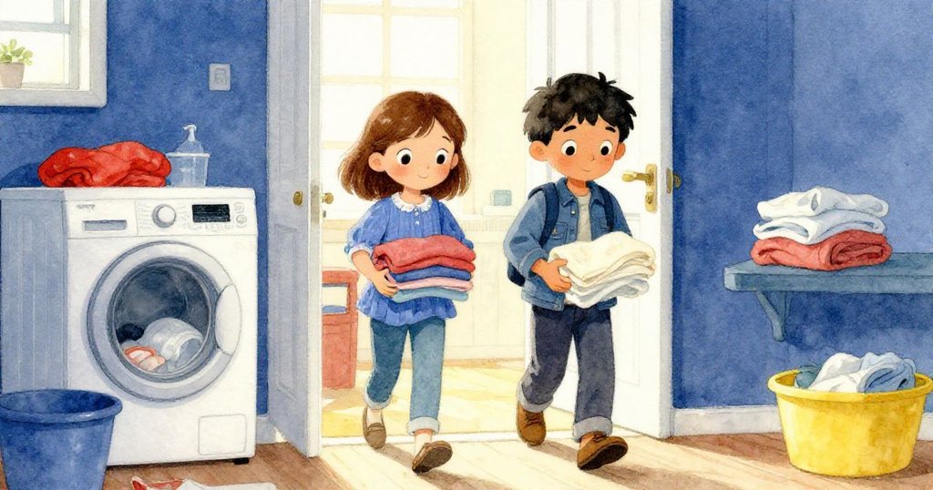 克拉拉與格蘭特滿懷整理好衣物走出洗衣房，踏入室外明亮清新光線中，臉上露出溫暖滿足微笑。