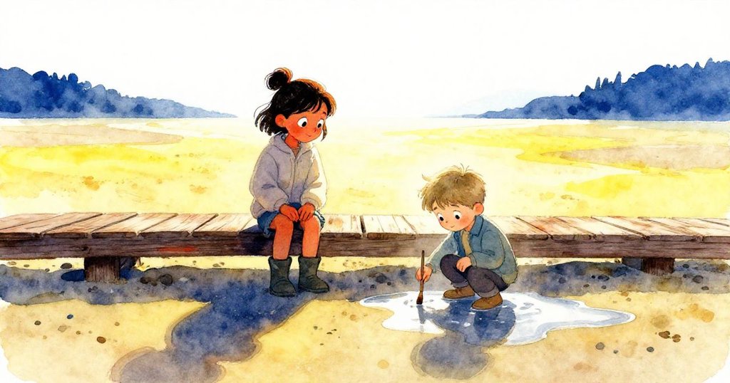 艾薇站在木板上注視科爾蹲在濕沙中塑形,清晨的陽光灑落沙灘,場景平靜而充滿期待。