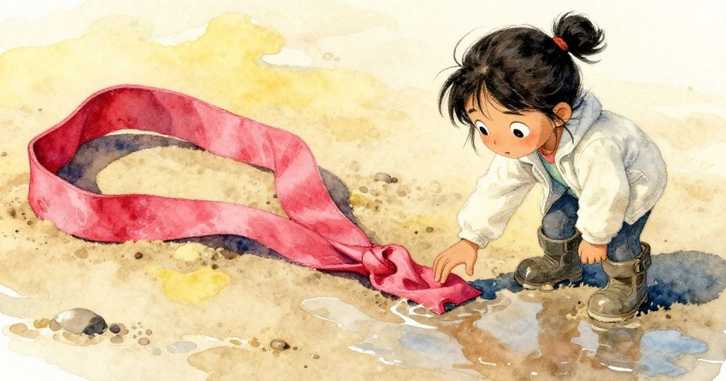 艾薇的手伸向沙中隱藏的粉紅絲帶,濕潤的沙面和微風中絲帶輕輕擺動,充滿期待與細膩感。