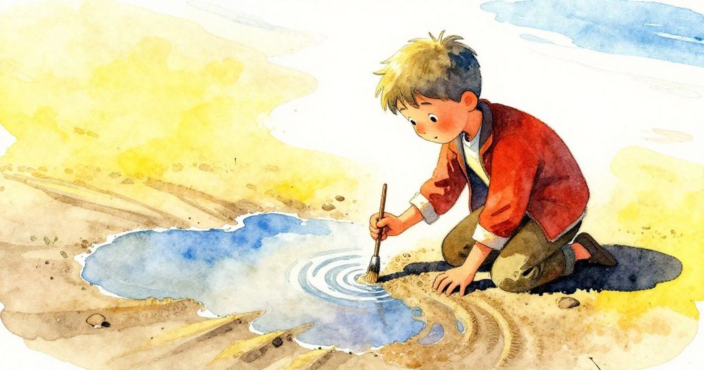 科爾跪在逐漸擴散的水坑邊,用手指輕觸被水沖刷的沙雕,光影流轉,標示著時間流逝的瞬間。