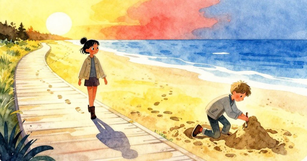艾薇沿著木板路緩步離開,腳印逐漸消失;科爾仍在沙灘上專注創作,晚陽柔光中蘊含重新開始的希望。