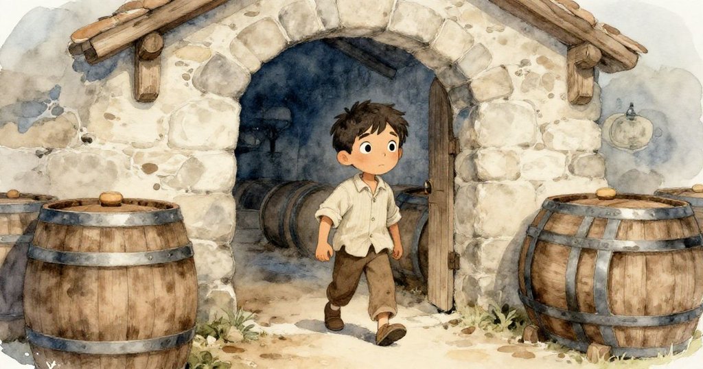 Reed走進古老酒窖，石牆與橡木桶輕映柔光，他神情好奇且小心翼翼，展開未知探索。