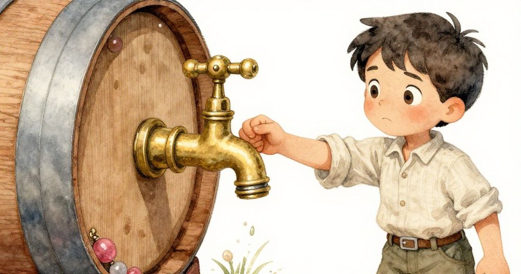 Reed專心扭轉橡木桶上銅製水龍頭，手部細節清晰呈現漿液滴珠與金橄欖色調，透露出探索神秘的決心。